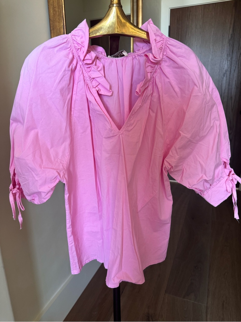 Pink Ruffle V-Neck Tie-Sleeve Blouse